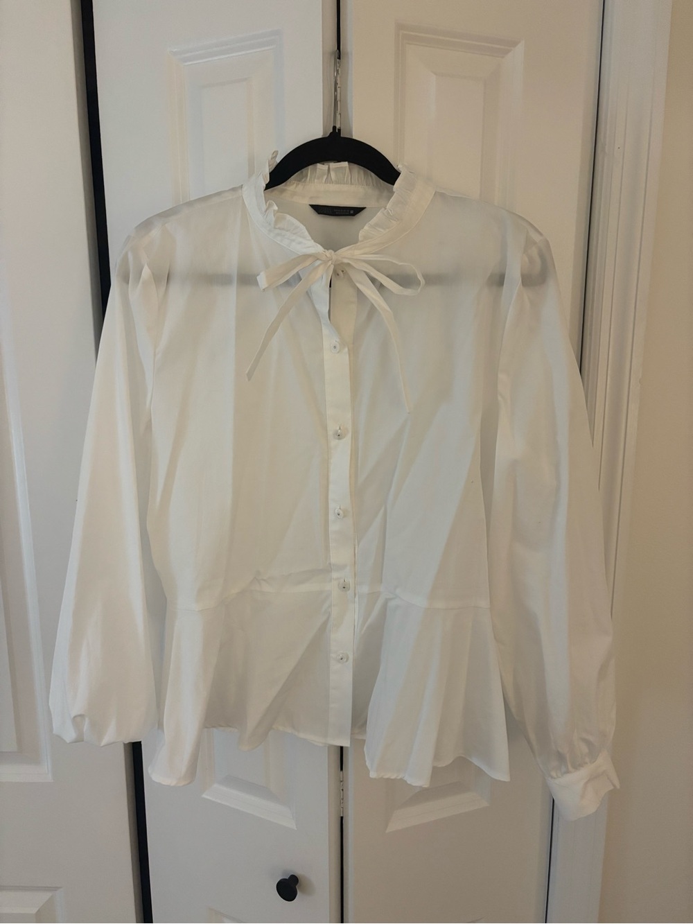 Zara White Ruffle Tie-Neck Blouse